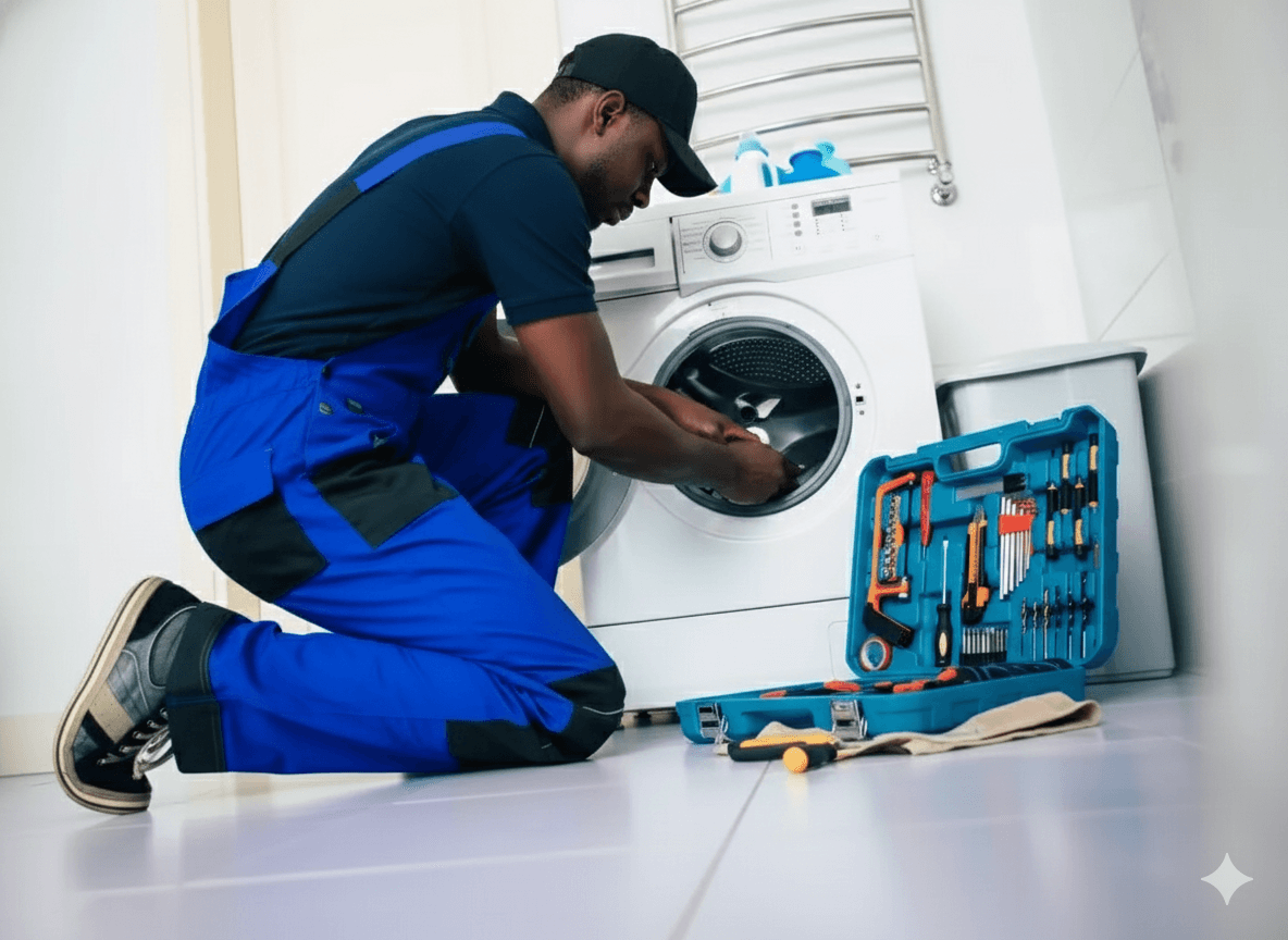 Professional technician repairing tumble dryer with diagnostic tools in Cape Town