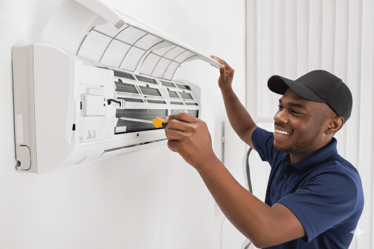 Professional technician repairing air conditioning unit with diagnostic tools in Cape Town