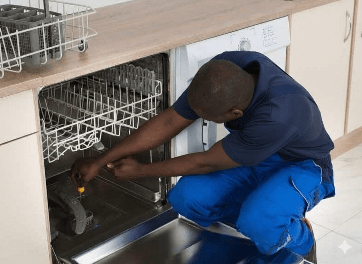 Professional technician repairing dishwasher with diagnostic tools in Cape Town