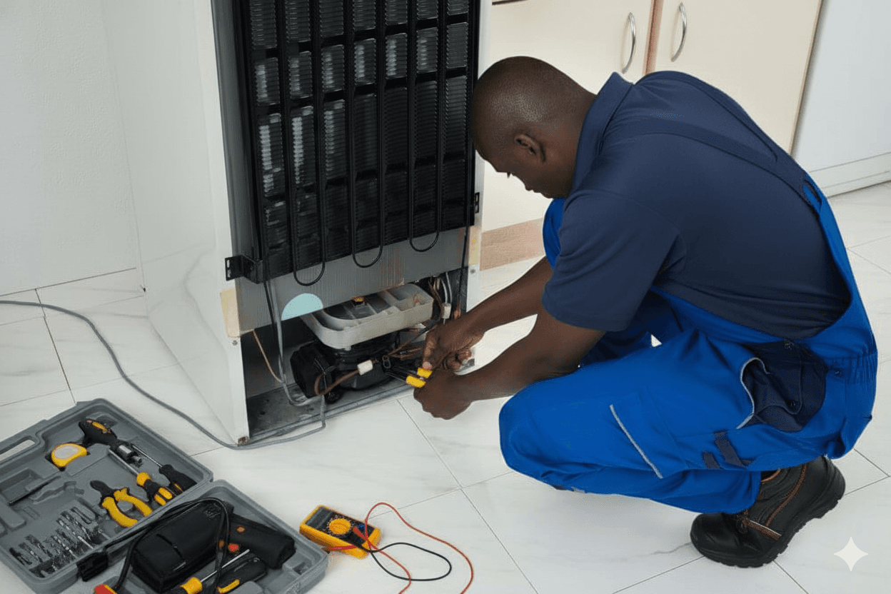 Professional technician repairing refrigerator with diagnostic tools in Cape Town
