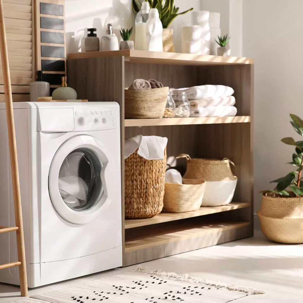 Modern white front-loading washing machine in clean Cape Town laundry room with fresh towels and detergent bottles